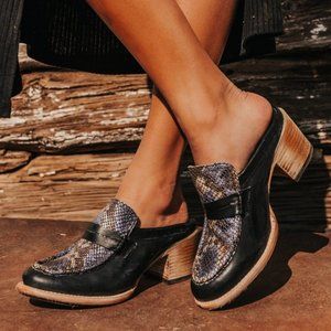 Freebird by Steven Black Leather Mules with Snake-Print Vamp
